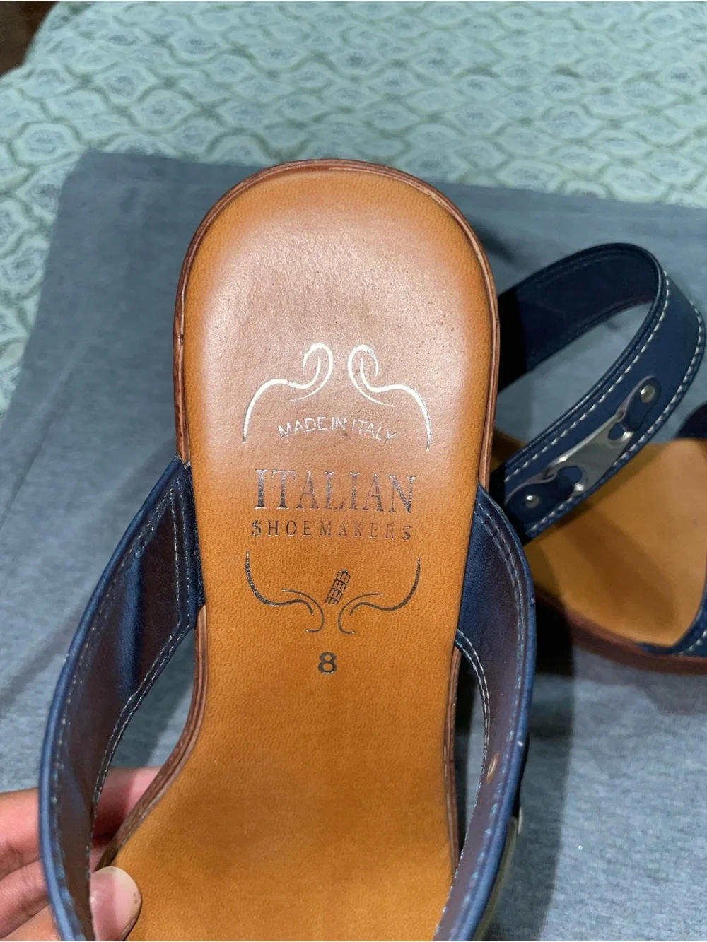 Italian Shoemakers Navy Leather Double-Strap Wedge Sandals